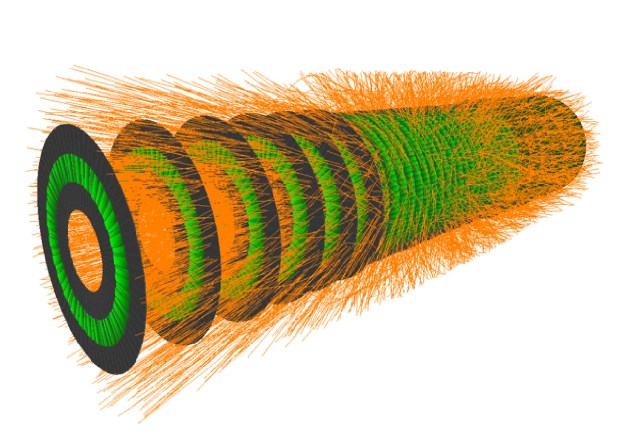 Simulated particle detector and reconstructed tracks